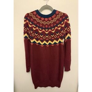 ModCloth Dress Women's Medium Burgundy Fair Isle‎ Sweater Geometric Knee Length